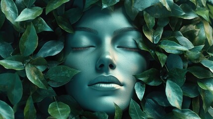 Serene Face Surrounded By Lush Green Leaves