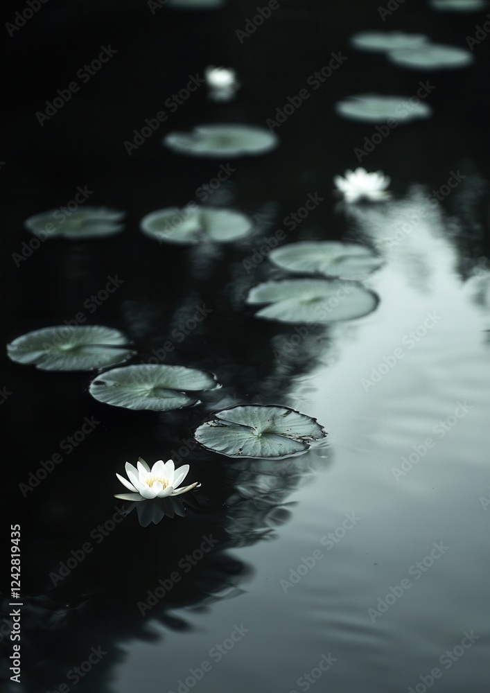 Poster black and white photograph of a pond with several white water lilies floating on the surface. the li