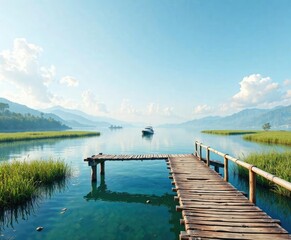 Fototapeta premium Wooden bridge crossing reservoir with boat in the distance, boat, lake