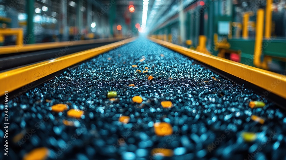 Poster close-up view of a conveyor belt transporting colorful plastic pellets in a factory setting