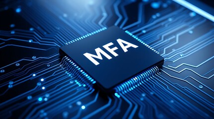 MFA Microchip on Circuit Board – Multi-Factor Authentication & Cloud Security, cloud technology, Saas, Paas, Iaas. AWS Services, technology background