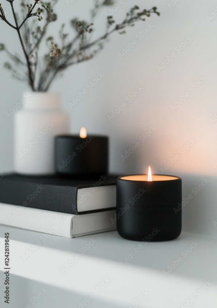 Poster white shelf with two black candles on it. the candles are lit and are placed on top of a stack of bo
