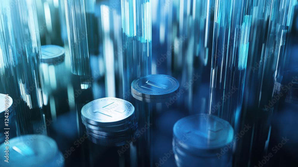 Poster innovative double exposure of blue and silver coins with futuristic background, creating dynamic and