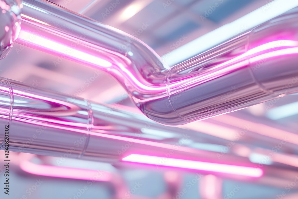 Poster abstract chrome pipes form a geometric arrangement, enhanced by reflections of pink neon light that 