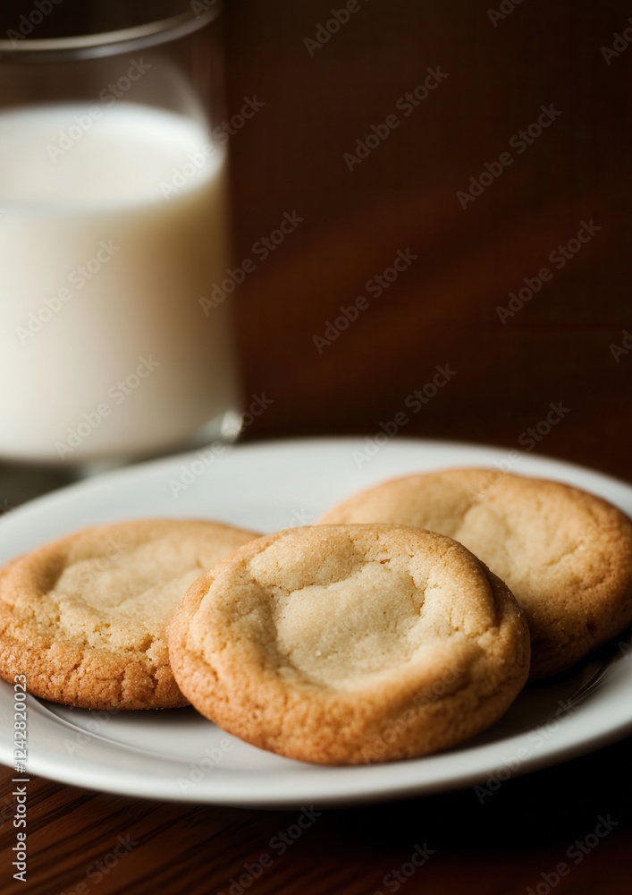 Poster white plate with three cookies on it. the cookies are round and golden brown in color, with a crumbl