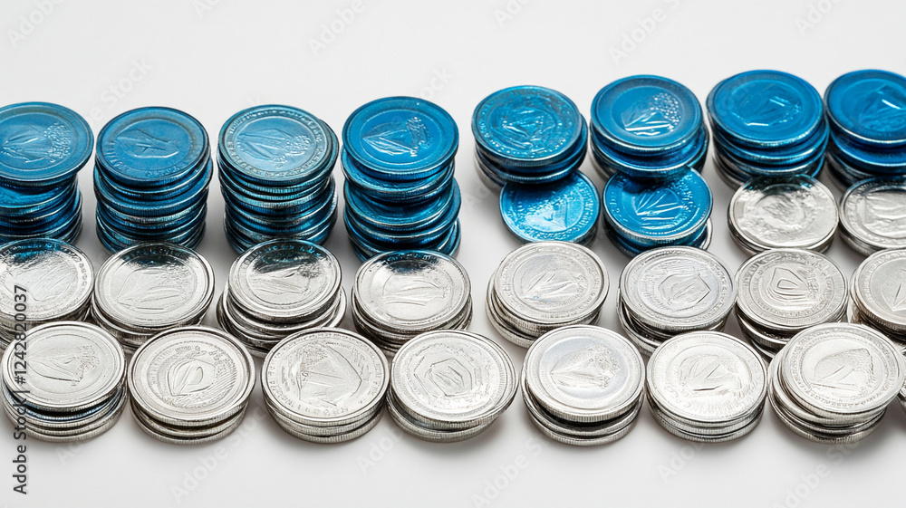 Poster layered design of blue and silver coins arranged in rows, showcasing modern financial theme. contras