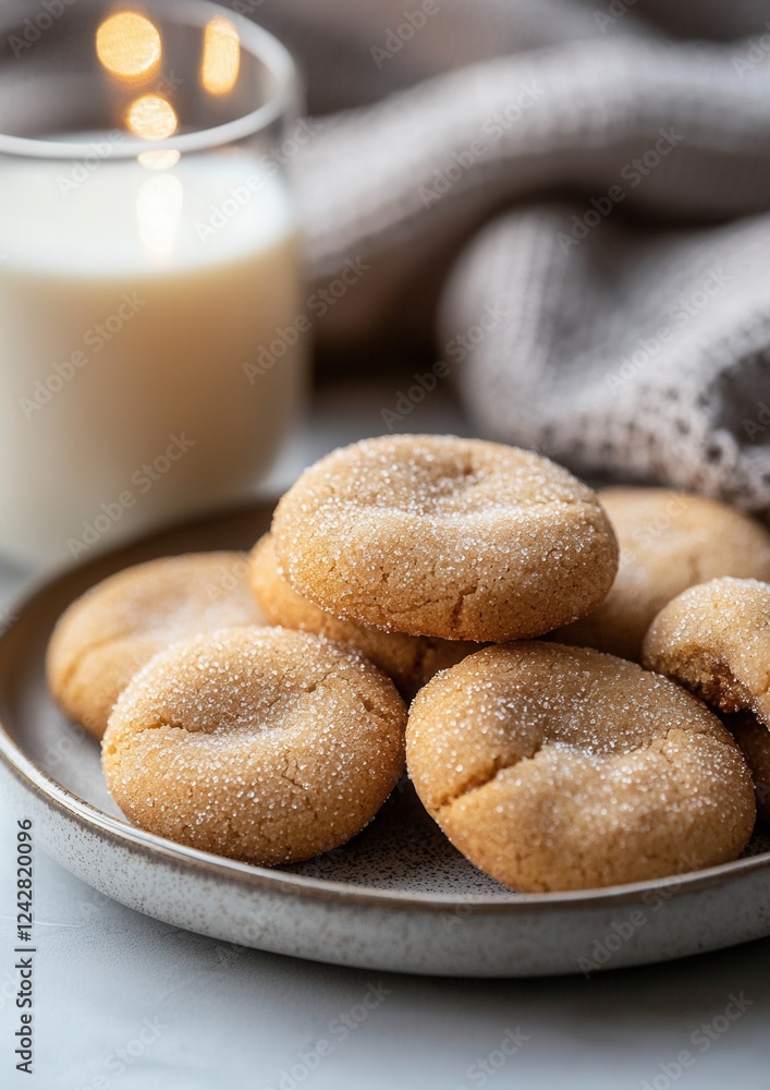 Poster plate of freshly baked cookies on a white table. the cookies are round and golden brown in color, wi