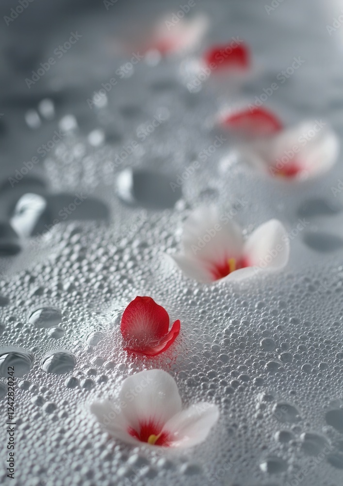 Poster close-up of a surface covered in small droplets of water. the droplets are scattered across the surf