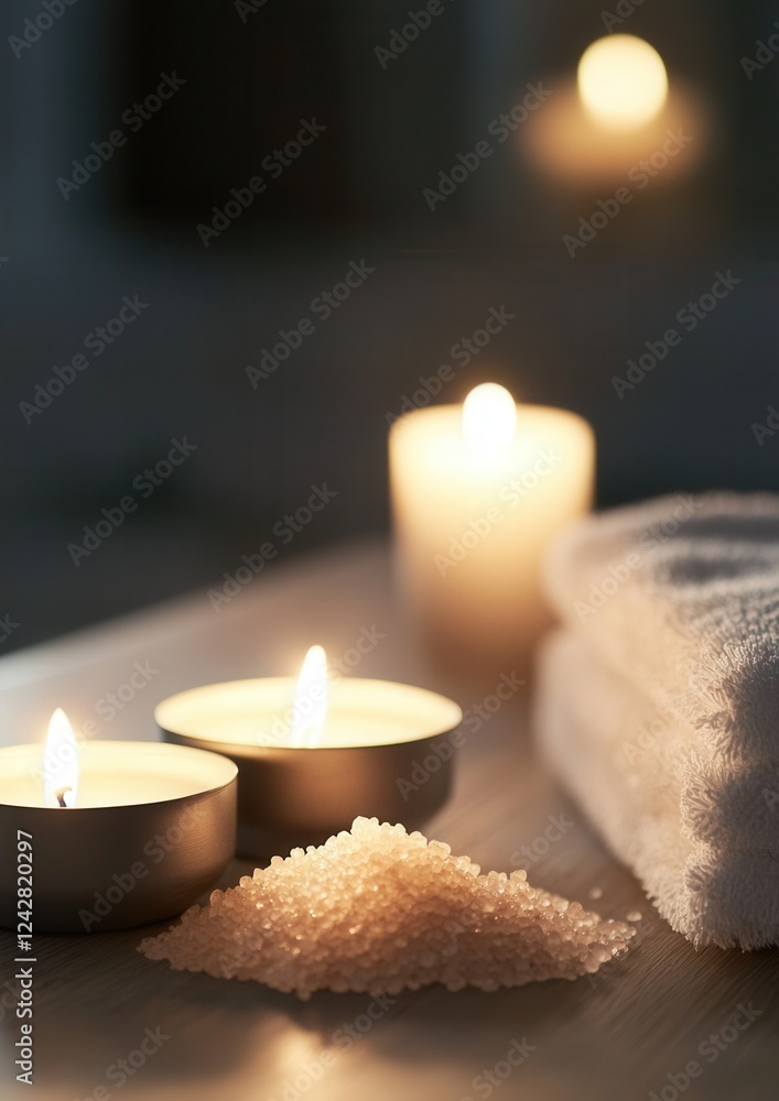 Poster three lit candles on a wooden surface. the candles are arranged in a triangular formation, with the 
