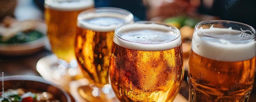 Aufkleber glasses of cold beer are standing in a row on bar counter in pub