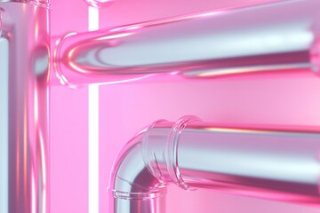 An abstract piece showcases chrome pipes in a geometric layout, lit by pink neon reflections, highlighting a striking industrial aesthetic of modernity and technology