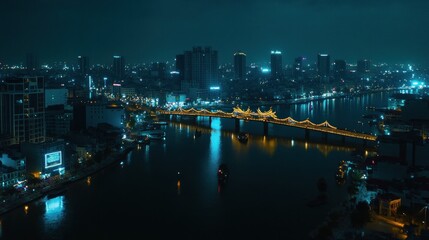 Naklejka premium Night Lights on the River: A Stunning View of Danang City at Night