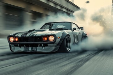 Classic Muscle Car Drifting Fast On Asphalt Road