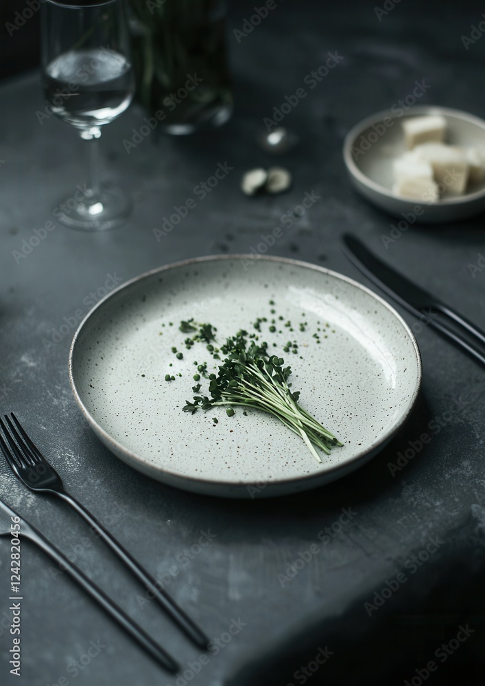 Poster table setting with a white plate in the center. the plate is round and has a speckled texture.