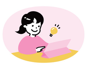小学生ぐらいの子供(女の子)がタブレットを使って勉強・学習しているイラスト_子どもの塾・ICT教育授業関連イメージ