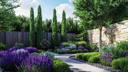 Lavender garden path, stone wall, trees, sunny day, landscaping design