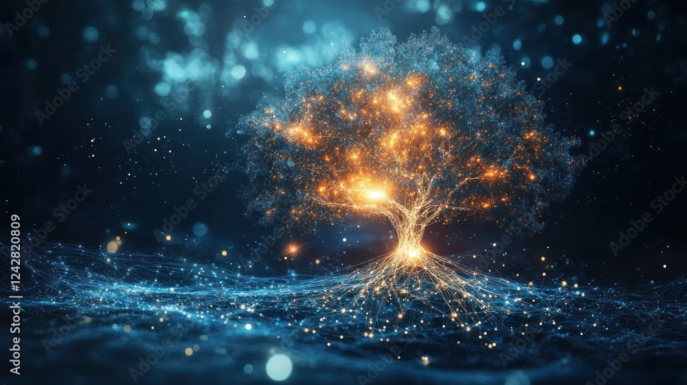 Aufkleber Luminous Tree of interconnected digital network nodes