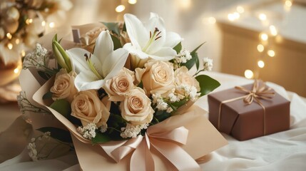 Obraz premium Beautiful bouquet of cream roses and white lilies wrapped elegantly with a gift box beside a warm background. Generative AI