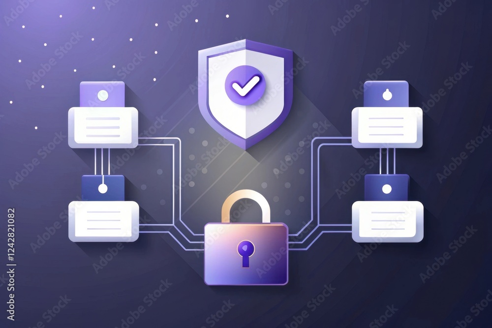 Poster a digital illustration depicting a shield with a checkmark, connected to secured data storage, symbo