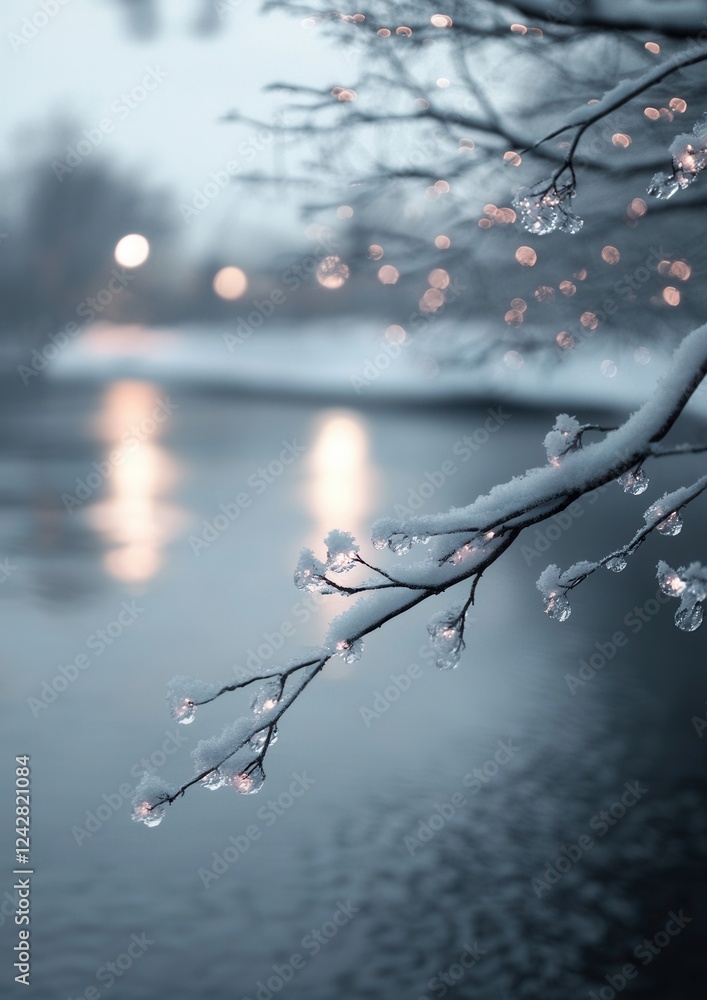 Poster close-up of a branch of a tree covered in snow. the branch is in the foreground, with the water in t