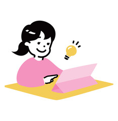 小学生ぐらいの子供(女の子)がタブレットを使って勉強・学習しているイラスト_子どもの塾・ICT教育授業関連イメージ