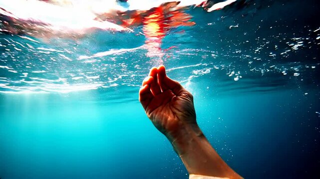 Baptism a spiritual rebirth represented by a hand reaching through water splashes