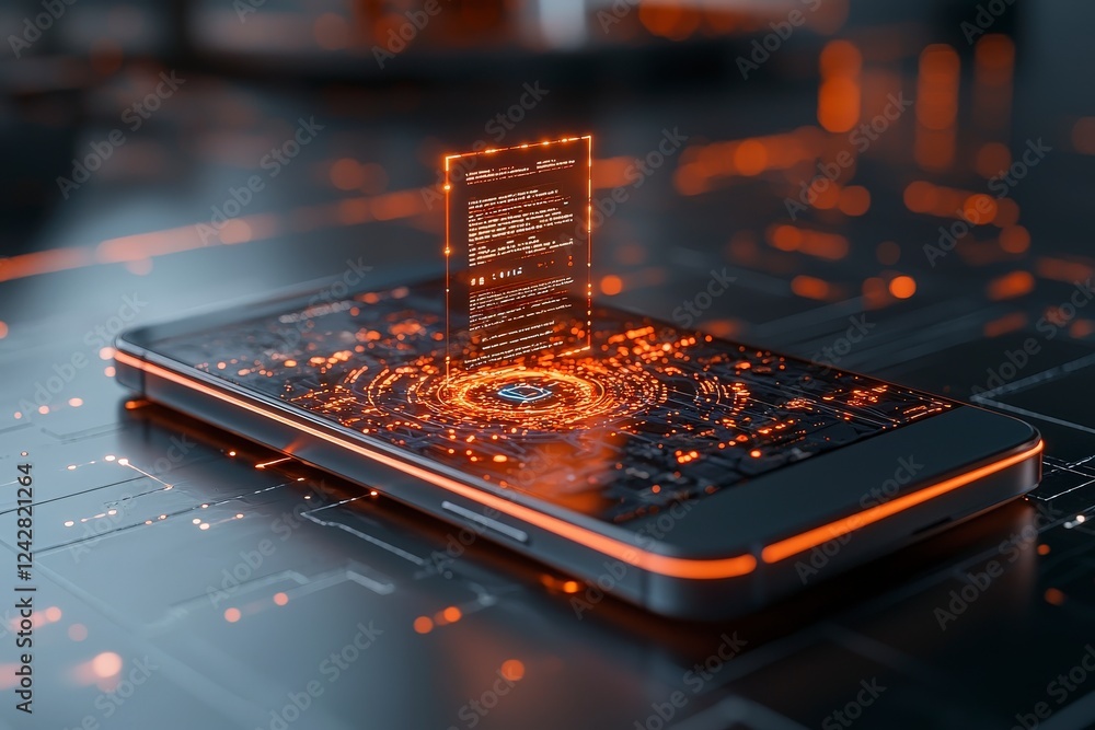 Poster futuristic smartphone with glowing data visualization on a technology-themed background creating a d