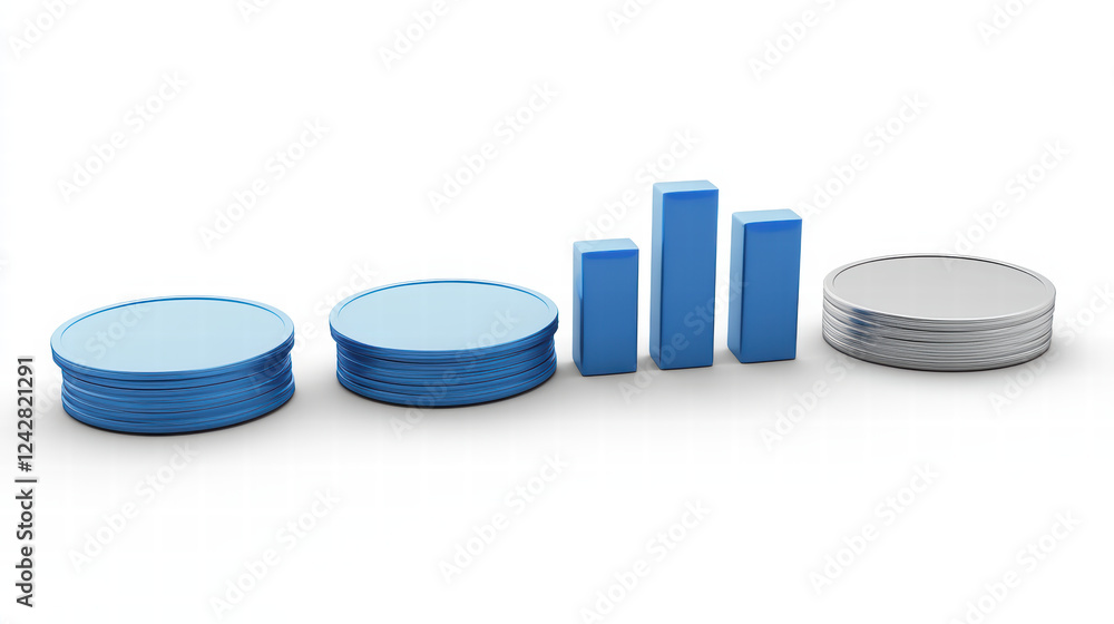 Poster layered design of blue and silver coins alongside bar chart representing growth. this illustrates fi