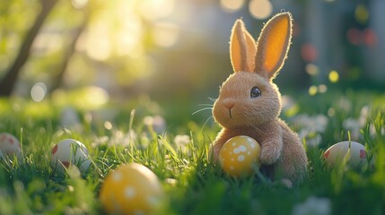 Happy Easter. Bunny Easter Eggs and refreshments to the table. Photo.