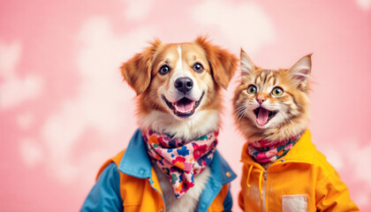 cute pets dressed in fashionable stylish bright clothes on a bright colored background