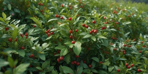 Wide-angle view of a lush green bush with many small wolfberries scattered all over its leaves and stems, green bush, foliage, wild plants