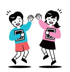 笑顔の男女の子供がハイタッチ、ジャンプをしながらタブレットを持つイラストイメージ_勉強・授業などのイメージ