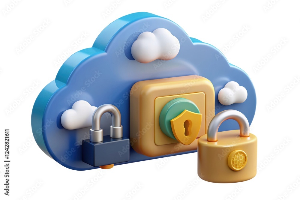 Poster a colorful cloud-shaped lock icon with two padlocks symbolizes data security and cloud storage.