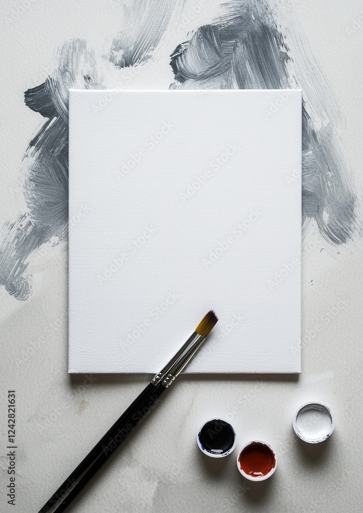 Poster blank white canvas with a paintbrush resting on top of it. the canvas is placed on a light grey text