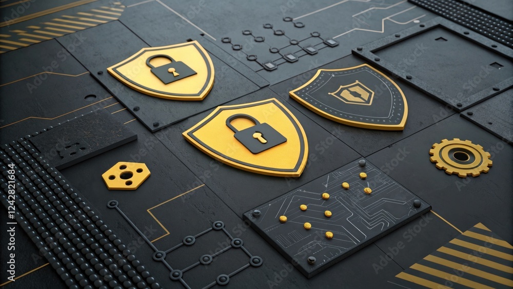 Poster a sleek digital background featuring yellow security shields with locks, symbolizing cybersecurity a