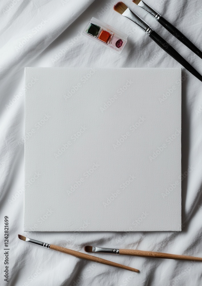 Poster Flat lay of a white canvas with three paintbrushes on top of it. the canvas is rectangular in shape and appears to be made of a soft, textured fabric.
