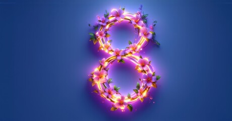 Glowing number 8 formed from intertwining flower stems with soft pink blossoms, set against deep blue background. Vibrant glow adds futuristic touch to design