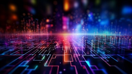Abstract digital network circuit board background banner with bright connecting data dots and light effects in various colors, big data technology