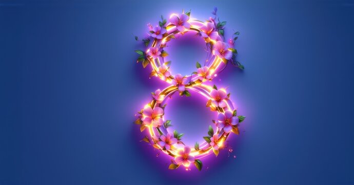 Glowing number 8 formed from intertwining flower stems with soft pink blossoms, set against deep blue background. Vibrant glow adds futuristic touch to design