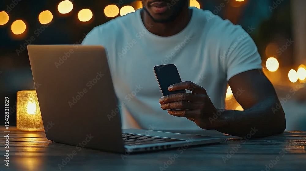 Poster person using smartphone while working on laptop with blurred lights in background creating a cozy at
