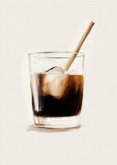 Digital illustration of a glass of iced coffee with a wooden spoon in it. the glass is filled with dark brown liquid and has ice cubes floating in it, indicating that it is freshly brewed.