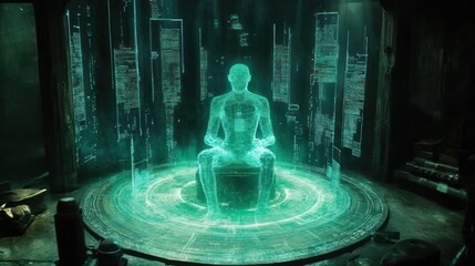 Holographic Human Figure Meditates Within Digital Cityscape