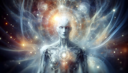 Fototapeta premium AI Robot icon Ethereal depiction of a humanoid robot in a dream-like setting