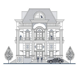Facade of 3 storeys symmetrical modern classic house with 2 doors, 5 windows, 4 columns, balustrade, frames, decoration, stairs, crowns, canopy, trapezoidal roof and its elements design.