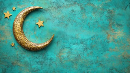 Ornate Golden Crescent Moon and Stars on Teal Background