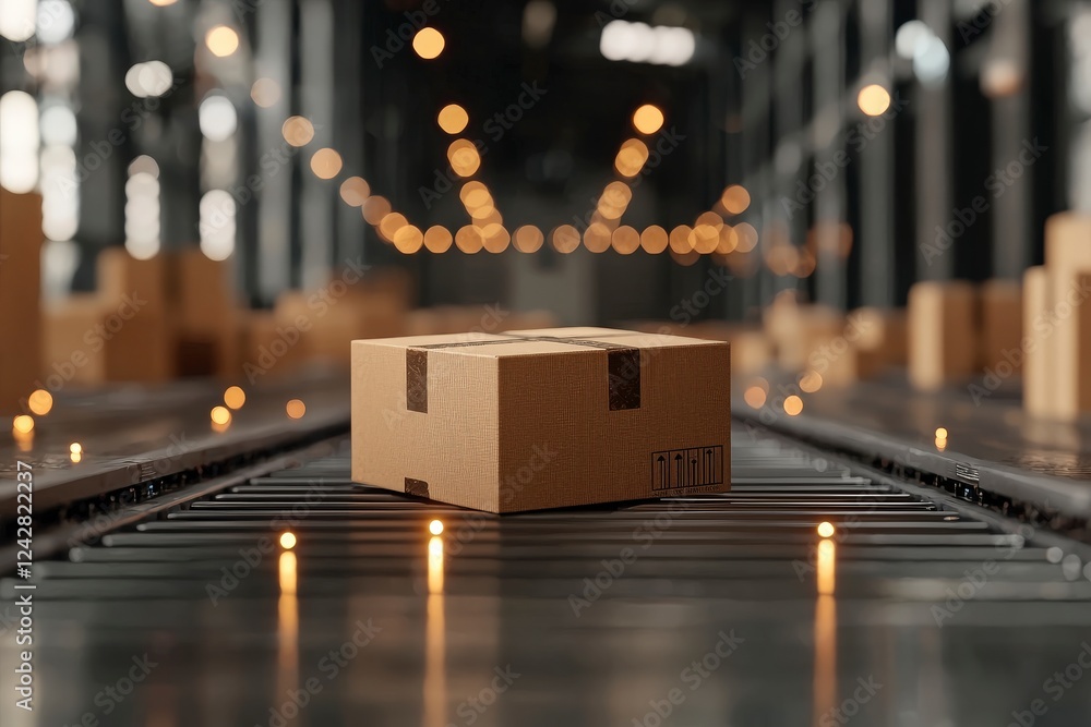 Poster cardboard box on conveyor belt in a warehouse with soft bokeh background and ambient lighting effect