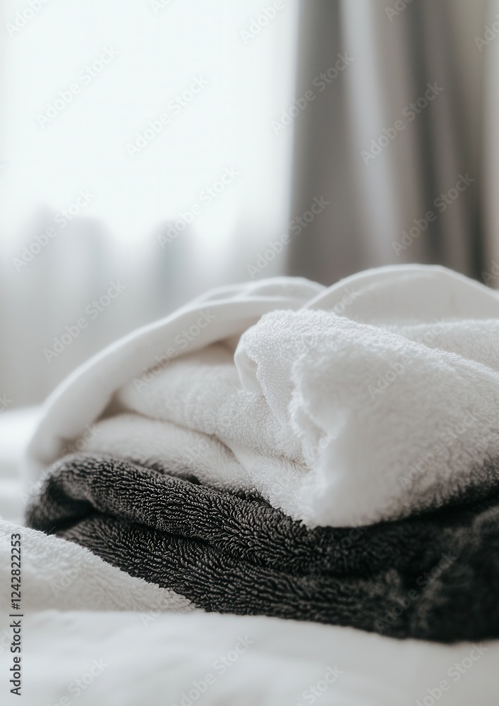 Poster stack of folded white towels on a bed. the towels are neatly folded and stacked on top of each other