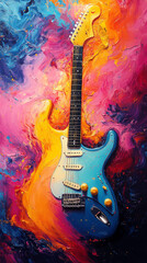 Electric guitar on abstract colorful background. Acrylic painting on canvas.