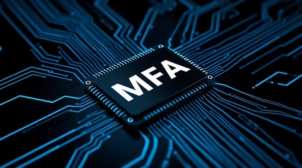 MFA Microchip on Circuit Board – Multi-Factor Authentication & Cloud Security, cloud technology, Saas, Paas, Iaas. AWS Services, technology background