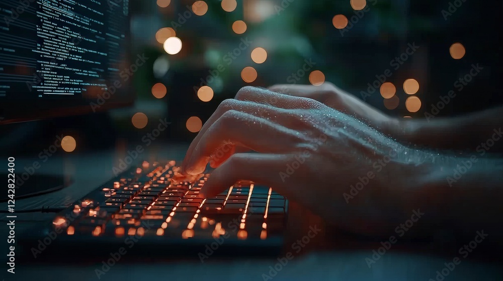 Poster close-up of hands typing on keyboard with glowing keys against a blurred background of soft lights a